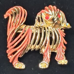 Dog Pin Pomeranian Pekingese Brooch Purple Eyes Brown Gold Tone 1.25"